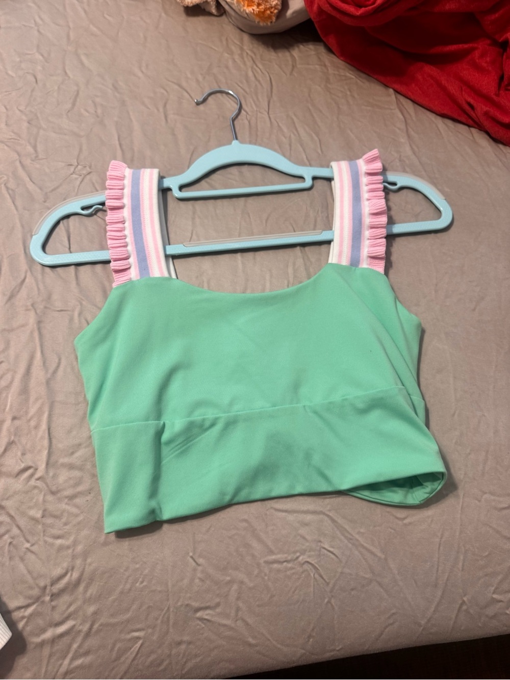 Altar'd State Mint Green Crop Top with Pink Ruffle Straps